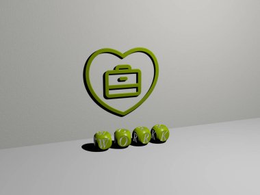 Konsept ve sunumların ilgili anlamları için metalik zar harflerinin oluşturduğu üç boyutlu çalışma grafikleri ve metinlerinin çizimi. iş ve arkaplan