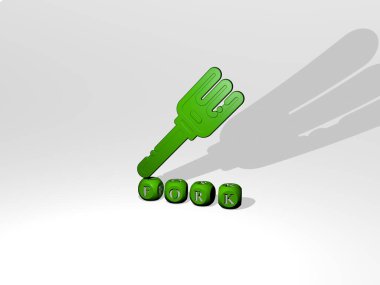 Konsept ve sunumların ilgili anlamları için metalik zar harfleri kullanılarak yazılan çatal grafiklerin 3 boyutlu çizimi. arkaplan ve yiyecek