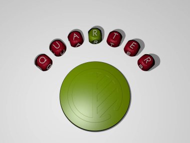 3D illustration of QUARTER graphics and text around the icon made by metallic dice letters for the related meanings of the concept and presentations. city and architecture clipart