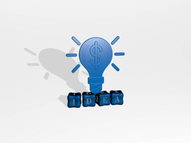 Fikrin dikey olarak 3B grafiksel görüntüsü, üst perspektiften metalik kübik harflerle oluşturulan metinlerle birlikte, konsept sunumu ve slayt gösterileri için mükemmel. Resim ve arkaplan