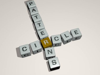 CIRCLE PATTERNS bulmacaları ayna zemininde kübik harflerle düzenlenir, kavram anlamı ve sunum. Resim ve arkaplan