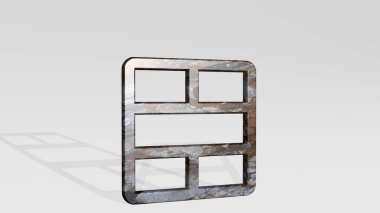 Kompozisyon düzeni iki ışıkla gölge düşürüyor. Metalik heykelin beyaz arka planda, yumuşak desenli üç boyutlu çizimi. soyut ve tasarım