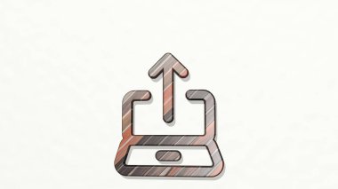 Bilgisayara duvardaki bir perspektiften yükle. Üç boyutlu metalik malzemelerden yapılmış kalın bir heykel. bilgisayar ve iş