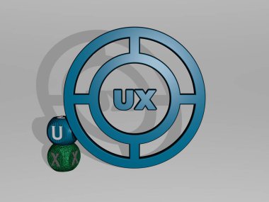 Duvarında ikon olan uxun 3 boyutlu temsili ve ayna zemininde konsept ve slayt gösterisi sunumu için metalik kübik harflerle düzenlenmiş metin. Resim ve evet.