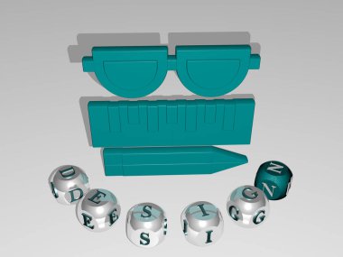 Konsept ve sunumların ilgili anlamları için metalik zar harflerinin oluşturduğu simgenin etrafında DESIGN grafikleri ve metnin 3D çizimi. arkaplan ve soyut