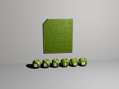 Tasarım grafiklerinin 3 boyutlu çizimi ve konsept ve sunumların ilgili anlamları için metalik zar harfleri tarafından yapılan metinler. arkaplan ve soyut