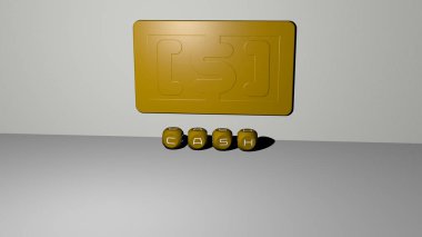 Konsept ve sunumların ilgili anlamları için metalik zar harfleri tarafından yapılan nakit grafikleri ve metinlerin üç boyutlu çizimi. iş ve para