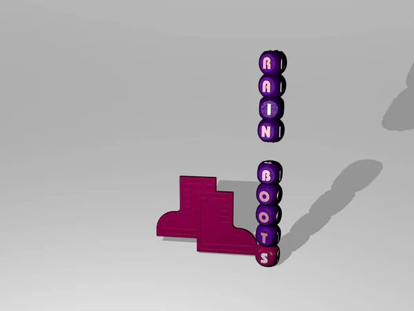 三维的雨靴图形图解和文字环绕图标 由金属骰子字母为相关含义的概念和演示 背景与美丽 — 图库照片