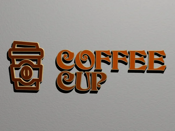 从顶部看 Coffee Cup的3D图形图像与用金属立方体字母构造的文本一起垂直生成 非常适合概念演示和滑行 背景和咖啡馆 — 图库照片