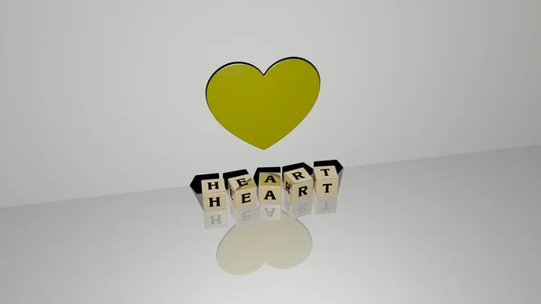 コンセプトとプレゼンテーションの関連する意味のための金属ダイス文字によって作られたハートグラフィックとテキストの3Dイラスト 背景と愛 — ストック写真
