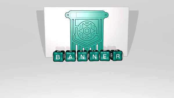 Ztvárnění Banneru Ikonou Stěně Textem Uspořádaným Kovovými Krychlovými Písmeny Zrcadlové — Stock fotografie