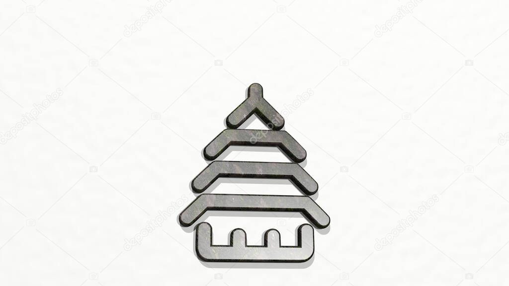 LANDMARK CHINESE PAGODA made by 3D illustration of a shiny metallic sculpture on a wall with light background. architecture and city