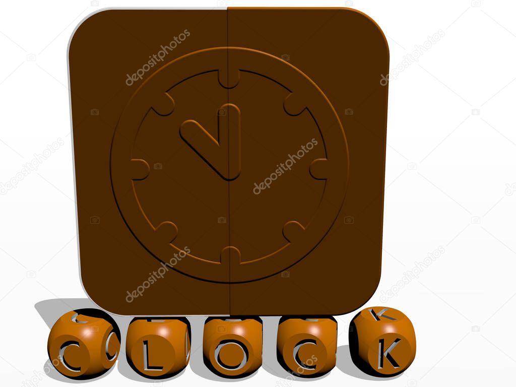 3D graphical image of clock vertically along with text built by metallic cubic letters from the top perspective, excellent for the concept presentation and slideshows. illustration and background