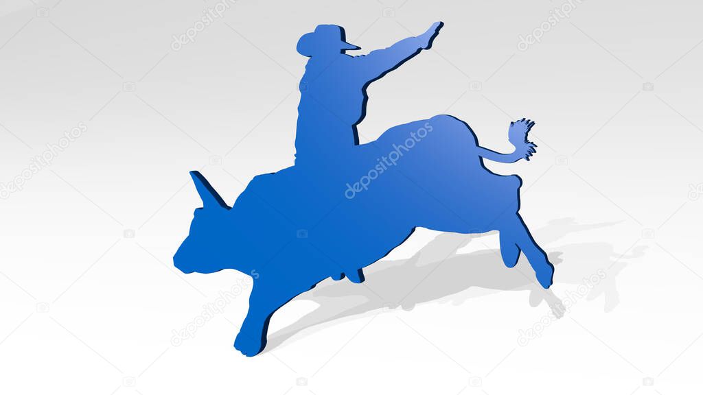 cowboy on bull stand with shadow. 3D illustration of metallic sculpture over a white background with mild texture. hat and american