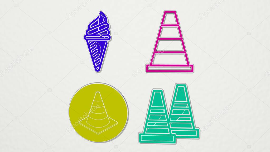 cone on the wall. 3D illustration of metallic sculpture over a white background with mild texture. cream and christmas