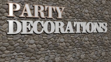 Parti dekorasyonlarının 3 boyutlu çizimi ve konsept ve sunumların ilgili anlamları için metalik zar harfleri tarafından yapılmış metinler. arkaplan ve kutlama