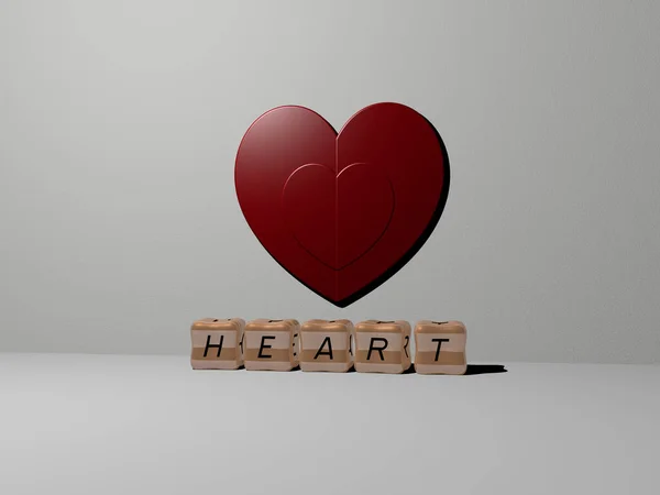 3D graphical image of HEART vertically along with text built by metallic cubic letters from the top perspective, excellent for the concept presentation and slideshows. illustration and background