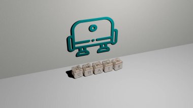 Sandalyenin dikey olarak üç boyutlu grafiksel görüntüsü ve üst perspektiften metalik kübik harflerle yapılmış metinler, konsept sunumu ve slayt gösterileri için mükemmel. Resim ve arkaplan