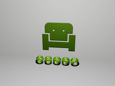 Kanepe grafiklerinin 3 boyutlu çizimi ve konsept ve sunumların ilgili anlamları için metalik zar harflerinin oluşturduğu metinler. ev ve kanepe