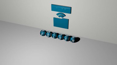 FOLDER 'ın duvarında simge ve ayna zemininde metalik küp harflerle konsept ve slayt gösterisi sunumu için düzenlenmiş 3D temsili. resimleme ve iş
