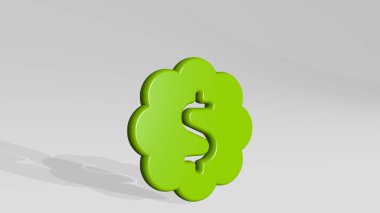 CURRENCY DOLLAR Baloncuğu Gölgeli duruyor. Metalik heykelin beyaz arka planda, yumuşak desenli üç boyutlu çizimi. iş ve konsept