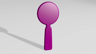MAGNIFING GLASS gölgeli duruyor. Metalik heykelin beyaz arka planda, yumuşak desenli üç boyutlu çizimi. konsept ve iş