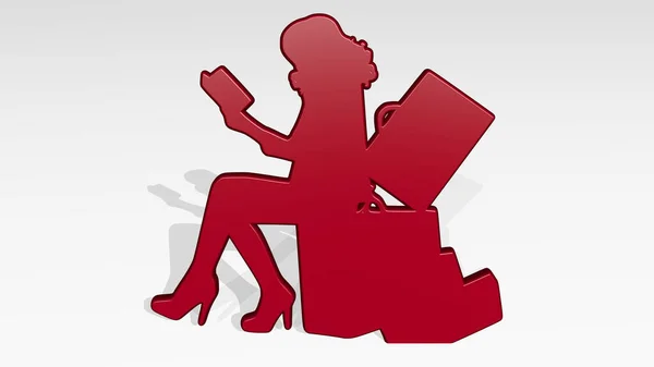 Female Traveler Reading Book Stand Shadow Illustration Metallic Sculpture White — Stock Photo, Image