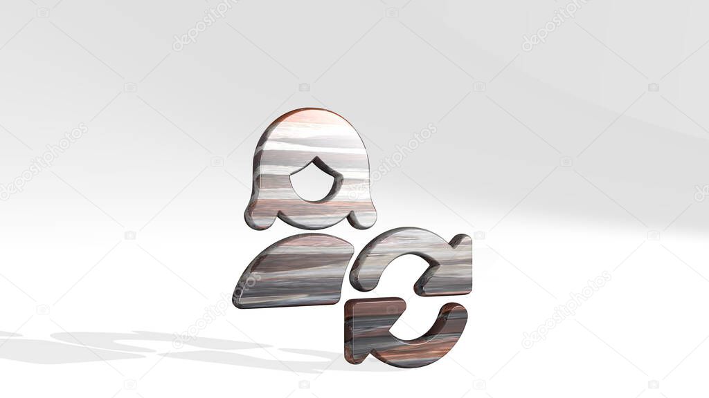 single woman actions refresh casting shadow with two lights. 3D illustration of metallic sculpture over a white background with mild texture. icon and isolated