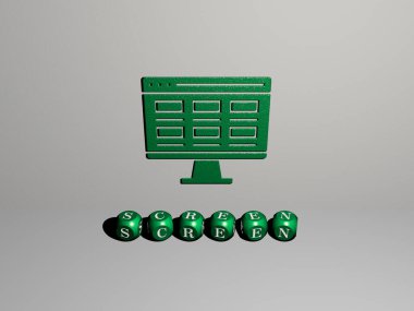 Duvarında simge olan 3 boyutlu ekran temsili ve ayna zemininde konsept ve slayt gösterisi sunumu için metalik kübik harflerle düzenlenmiş metin. arkaplan ve resimleme