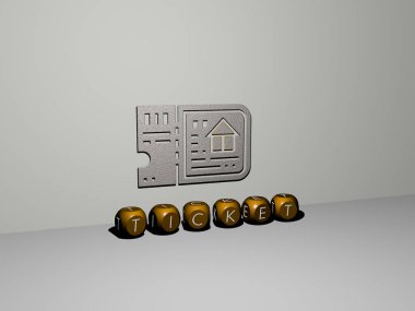 TICKET 'in dikey olarak üç boyutlu grafiksel görüntüsü, üst perspektiften metalik kübik harflerle yapılmış metinlerle birlikte, konsept sunumu ve slayt gösterileri için mükemmel. Resim ve arkaplan