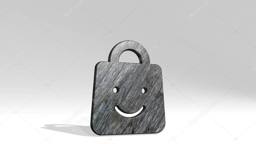 SHOPPING BAG SMILE casting shadow from a perspective. A thick sculpture made of metallic materials of 3D rendering. illustration and background