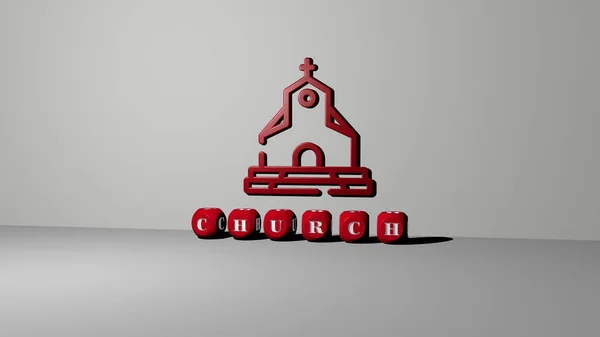 3D illustration of CHURCH graphics and text made by metallic dice letters for the related meanings of the concept and presentations. architecture and building