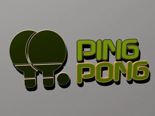 3D representation of PING PONG with icon on the wall and text arranged by metallic cubic letters on a mirror floor for concept meaning and slideshow presentation. table and tennis