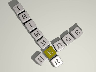 Kübik zar harfleriyle Hedge Trimmer bulmacası. Üç boyutlu illüstrasyon. yeşil ve arkaplan
