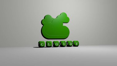 Duvarda CLOUDY 3D simgesi ve yerde kübik alfabe metni var. Üç boyutlu illüstrasyon. gökyüzü ve mavi