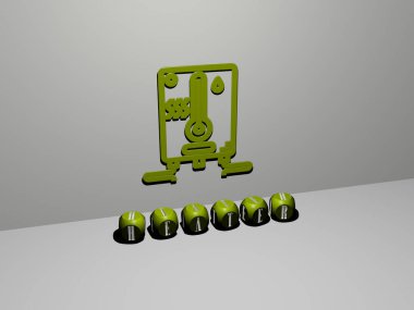 Duvarda ısıtıcı 3D simgesi ve yerde kübik alfabe metni var. Üç boyutlu illüstrasyon. Isıtma ve ev