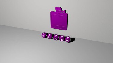 Duvardaki FLASK 3D simgesi ve yerdeki kübik alfabelerin metni. Üç boyutlu illüstrasyon. kimyasal ve kimya