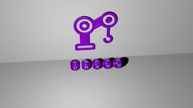 Duvarda CRANE 3D simgesi ve yerde kübik alfabe metni var. Üç boyutlu illüstrasyon. İnşaat ve inşaat