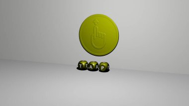 Duvarda TAP 3D simgesi ve yerde küp alfabe metni var. Üç boyutlu illüstrasyon. su ve arkaplan