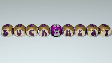 karabuğday metni küp zar harfleriyle. Üç boyutlu illüstrasyon. arkaplan ve yiyecek