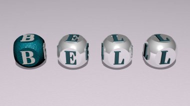 BELL text of cubic individual letters. 3D illustration. church and background