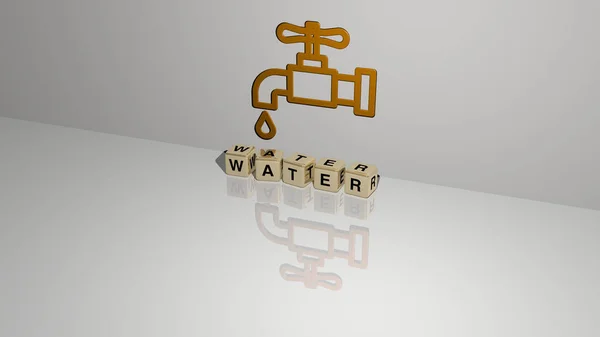 Wassertext Aus Würfelbuchstaben Auf Dem Boden Und Symbol Der Wand — Stockfoto