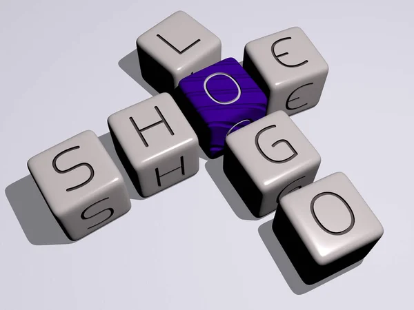 shoe logo crossword by cubic dice letters. 3D illustration. background and shoes