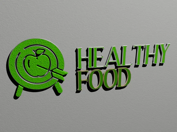 Sağlıklı Yemek Ikonu Duvardaki Yazı Boyutlu Illüstrasyon Arkaplan Taze — Stok fotoğraf