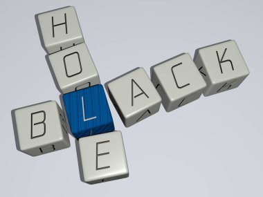 Kübik zar harfleriyle kara delik bulmacası. Üç boyutlu illüstrasyon. arkaplan ve soyut