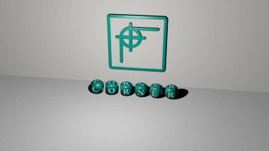 Duvarda üç boyutlu bir simge ve yerde kübik alfabe metni var. Üç boyutlu illüstrasyon. arkaplan ve tasarım