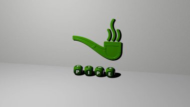 Duvardaki PIPE 3D simgesi ve yerdeki kübik alfabelerin metni. Üç boyutlu illüstrasyon. arkaplan ve yapı