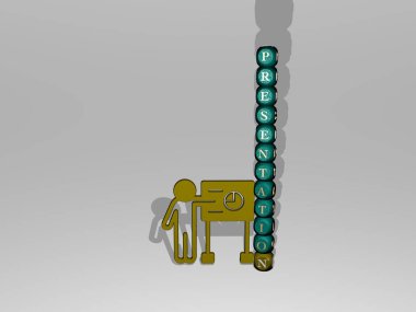 3 boyutlu simgenin yanında sunum metni. Üç boyutlu illüstrasyon. arkaplan ve iş