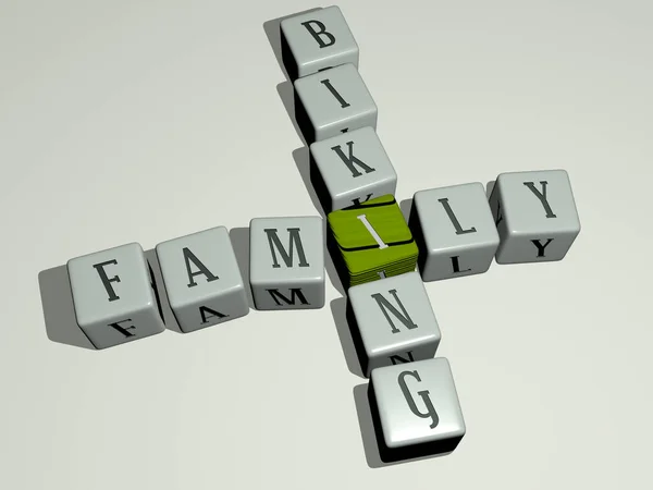 家庭自行车纵横字谜用立方体骰子字母 3D插图 孩子和快乐 — 图库照片