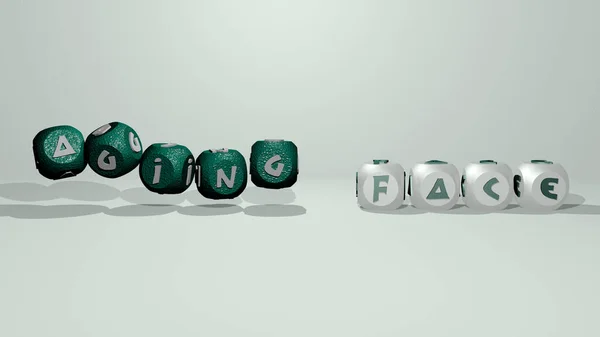 AGING FACE dancing cubic letters. 3D illustration. background and aged
